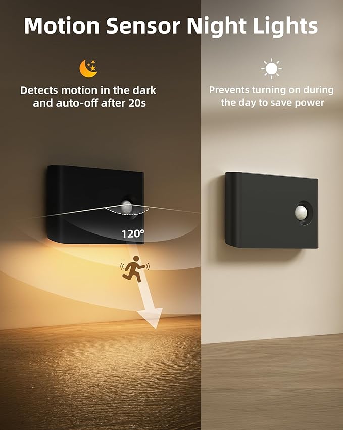 EZVALO 3 Pack Motion Sensor Night Lights, Sync LED Stair Lights Indoor, 1500mAh Rechargeable, Magnetic & Dimmable, 3000K Soft White, Portable Nightlight for Hallway, Stairs, Bathroom, Bedroom (Black)