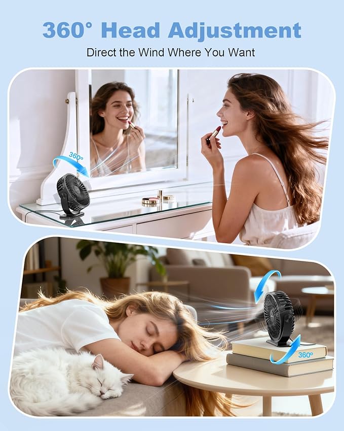 TriPole Desk Fan USB Powered Small Portable Fan, 3 Speeds Adjustable Strong Breeze Mini Personal Fans, 360° Rotation Quiet Plug In USB Fans for Desktop Bedroom Office Table Travel, Black, 4.9ft Cable
