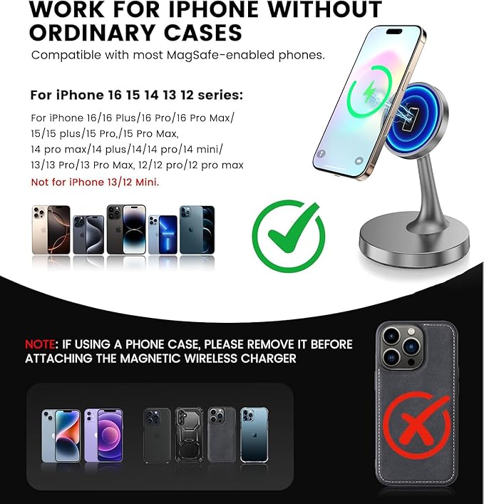 TXXTOL Magnetic Wireless Charger iPhone Stand, 15W Fast Mag-Safe Charger iPhone 17/17 Air/17 Pro/17 Pro Max 16/15/14/13/12 Series Magnet Wireless Charging Station/Pad/AirPods for Home, Office, Travel