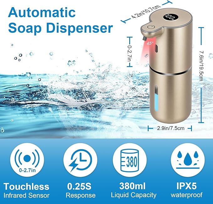 OHIFAST Automatic Liquid Soap Dispenser Touchless, USB Rechargeable Smart Hand Soap Dispenser, 6-Level Adjustable, 12.8oz/380mL Wall Mounted for Bathroom Kitchen Accessories Dish Soap-Gold
