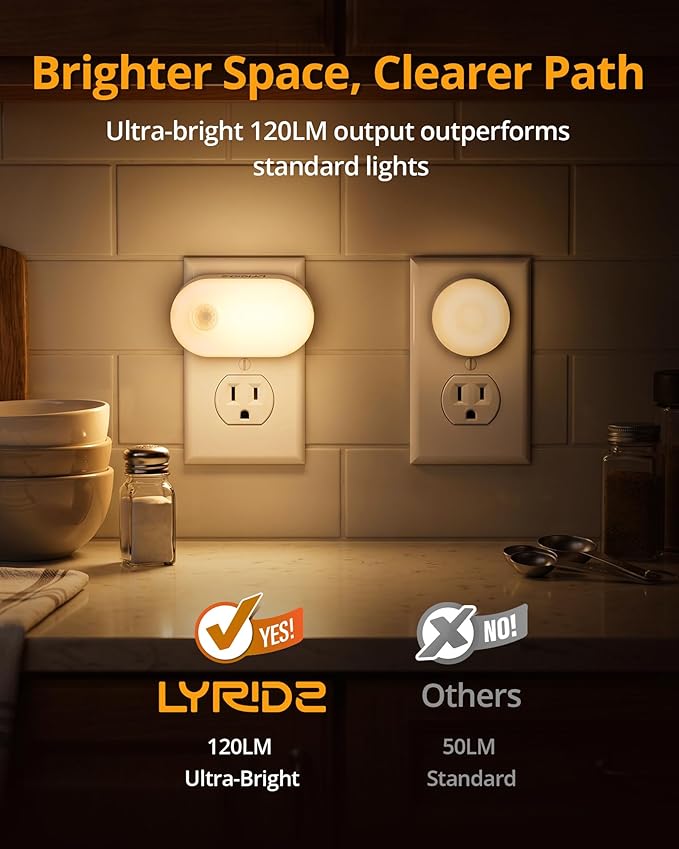 Lyridz 120LM Ultra Bright Plug-in Motion Sensor Night Light, Stepless Dimmable LED Nightlight, Always-On and Auto-Off, for Hallway, Stairs, Bathroom, Bedroom, Garage, Warm White (6-Pack)