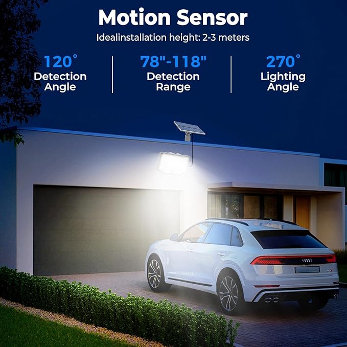 Peasur 1 Pack Solar Motion Lights Outdoor, 318 LED Solar Security Light with 3 Modes, IP65 Waterproof Powered Flood Lights for Outside Garage Yard, (Cool Light, White Frame)