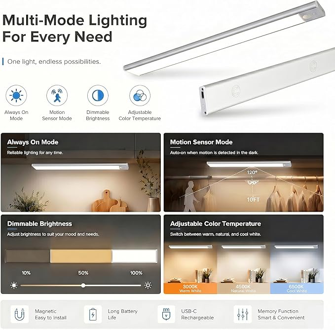 16-Inch Under Cabinet Lighting Rechargeable 4500mAh, Ultra-Thin Wireless Motion Sensor Indoor Light, Dimmable 3-Color LED Under Counter Lights for Kitchen, 4-Pack