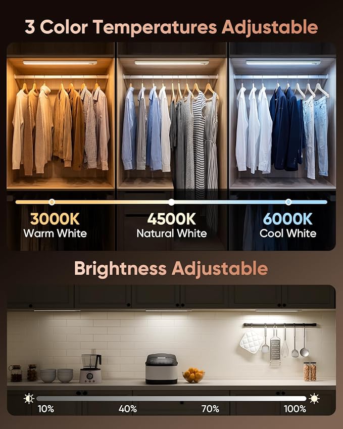 16inch Under Cabinet Lighting Wireless, 216LED Motion Sensor Light Indoor, USB Rechargeable Closet Lights, 3 Color Temps & Dimmable, Stick On Under Counter Lights for Kitchen, Pantry, Stairs, 3 Pack