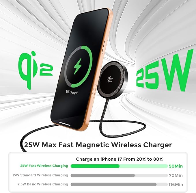 25W Magnetic Wireless Charger: Qi2.2 Qi2 Fast Charging Pad for iPhone 17 16 15 14 13 12 Pro Max, Samsung Galaxy S26 S25, Google Pixel 10, AirPods-Slim Portable for Travel Bedside Office-Black 2 Pack