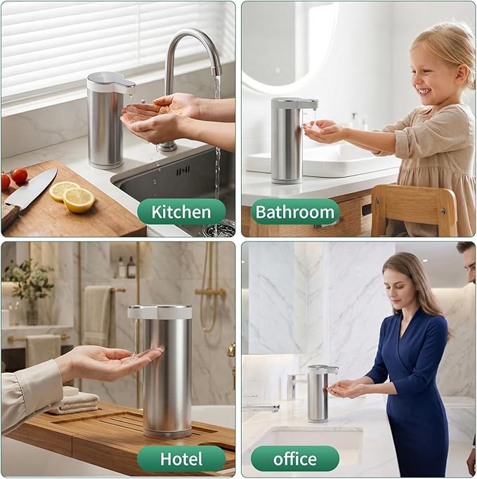Automatic Soap Dispenser Touchless,Stainless Steel Hand Soap Dispenser,11.8oz/350ml,4 Adjustable Levels,USB Rechargeable,Desktop & Wall-Mounted Dual Use,for Kitchen & Bathroom,Liquid White
