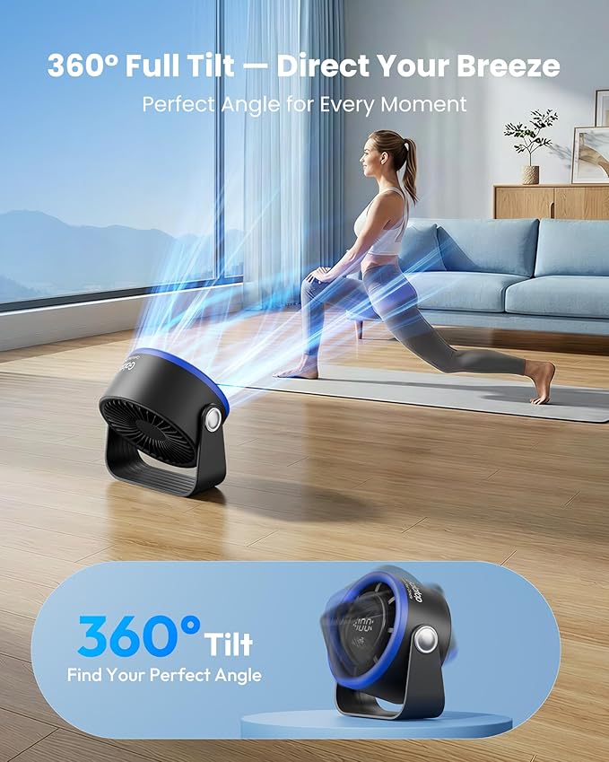 Gaiatop Small Desk Fan Rechargeable, Quiet Personal Table Fan, Touch Control Display, 360° Tilt, 5-Speed Strong Wind, 4000mAh Battery, Small Fans for Bedroom Dorm Office, Gifts for Women Men, Blue
