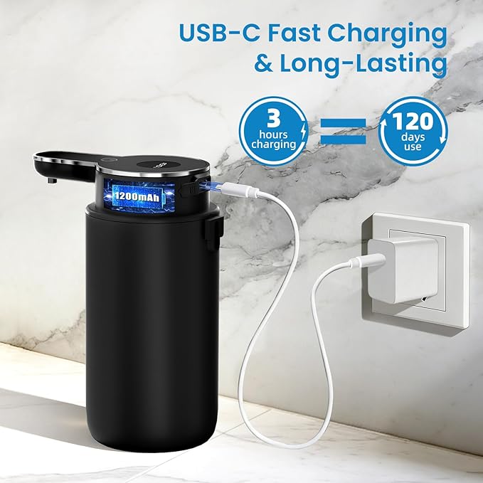 Automatic Foaming Soap Dispenser Touchless, 15oz/420ml USB-C Rechargeable Hand Soap Dispenser, 6-Level Adjustable Foam, IPX5 Waterproof, Wall Mount or Countertop for Bathroom Kitchen, Black