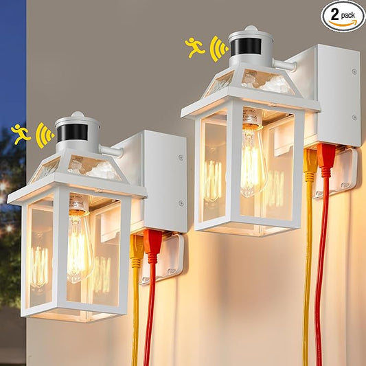 Yisuro Porch Lights with GFCI Outlet, Dusk to Dawn Motion Sensor Outdoor Light, 3 Lighting Modes Exterior Fixture, Outside for House Front Door Patio Garage(2 Pack White)