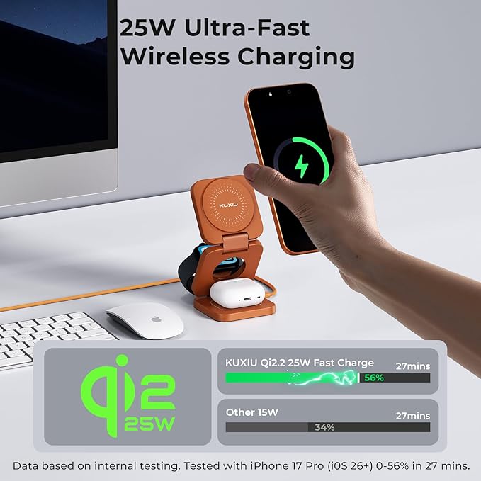 KU XIU QI 2.2 25W 3-in-1 Charging Station for Apple Device, Foldable Magnetic Charger for iPhone 17/16, 5W for Apple Watch & AirPods, Fast Travel Wireless Charging Stand with 45W Adapter