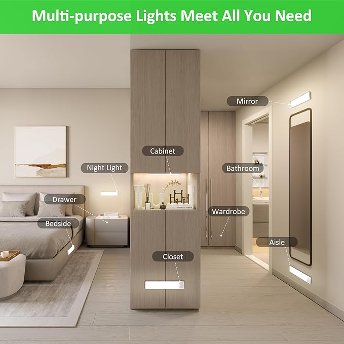 Motion Sensor Under Cabinet Lights, Magnetic Rechargeable Under Counter Closet Light, Wireless Night Light Bar Stick-On, 2-Pack, Neutral White