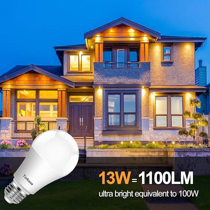 Torkase Outdoor Dusk to Dawn Light Bulbs, 13W(100W Equivalent), E26 3000K, Built-in Photocell Detector, Automatic On/Off, Smart Sensor LED Lighting Bulb for Porch Hallway Garage Boundary-6 Pack