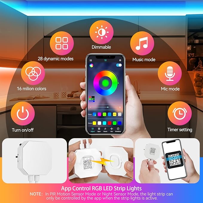 Motion Sensor LED Light Strip, 2x9.8Ft RGB LED Strip Lights Motion Activated Under Bed Lights, App Control Music Sync Strip Lights with Remote, USB Under Cabinet Lights for Kitchen Closet Stair