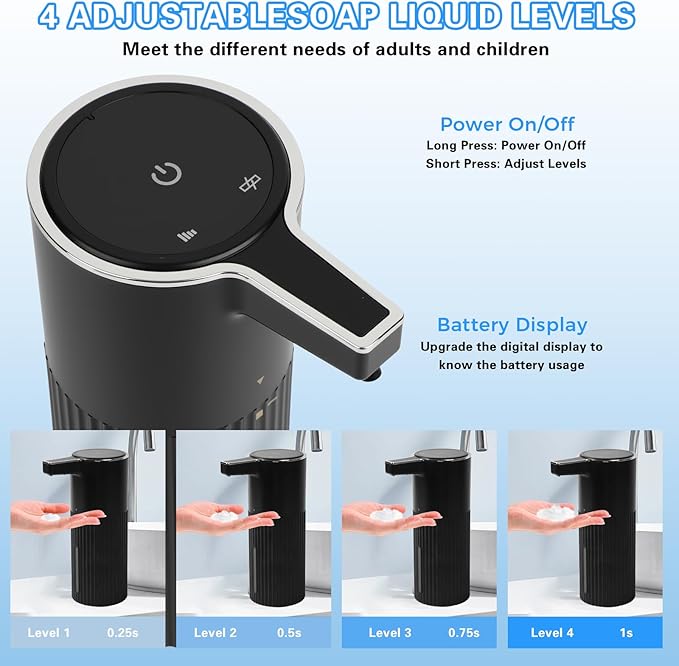 Automatic Foaming Soap Dispenser, 13.52oz/400ml Rechargeable Touchless Smart Foam Soap Dispenser, Hand Dish Soap Dispensers for Bathroom & Kitchen - Wall Mounted, 4 Adjustable Level, IPX5 Waterproof