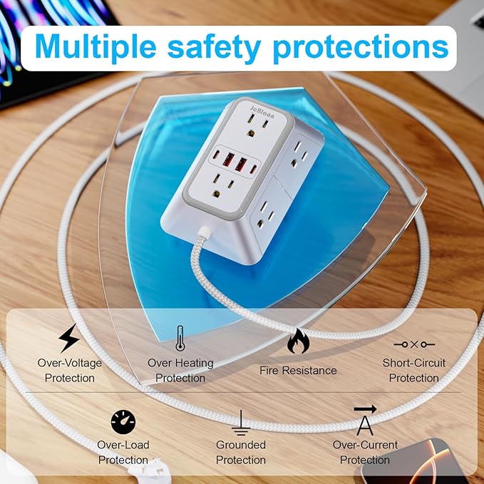 Power Strip Extension Cord - 6 Outlets and 4 USB (2 USB C), 5FT Braided Cord with Ultra Thin Flat Plug, 3 Side Outlet Extender with Overload Protection, Travel, Cruise Ship, Dorm Room Essentials