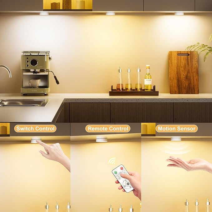 Under Cabinet Lighting, 1500mAh Rechargeable Motion Sensor Puck Lights with Remote, 3 Color Temper, Magnetic Stick on Light, Dimmable Under Counter Lights for Kitchen, Shelf, Closet, Stair, 6Pack