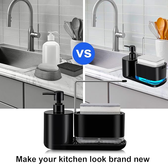 Dish Soap Dispenser Set 4-in-1 Hand Soap Dispenser with Detachable Soap Pump Sponge Holder for Kitchen Sink, Bathroom Soap Dispenser, Black