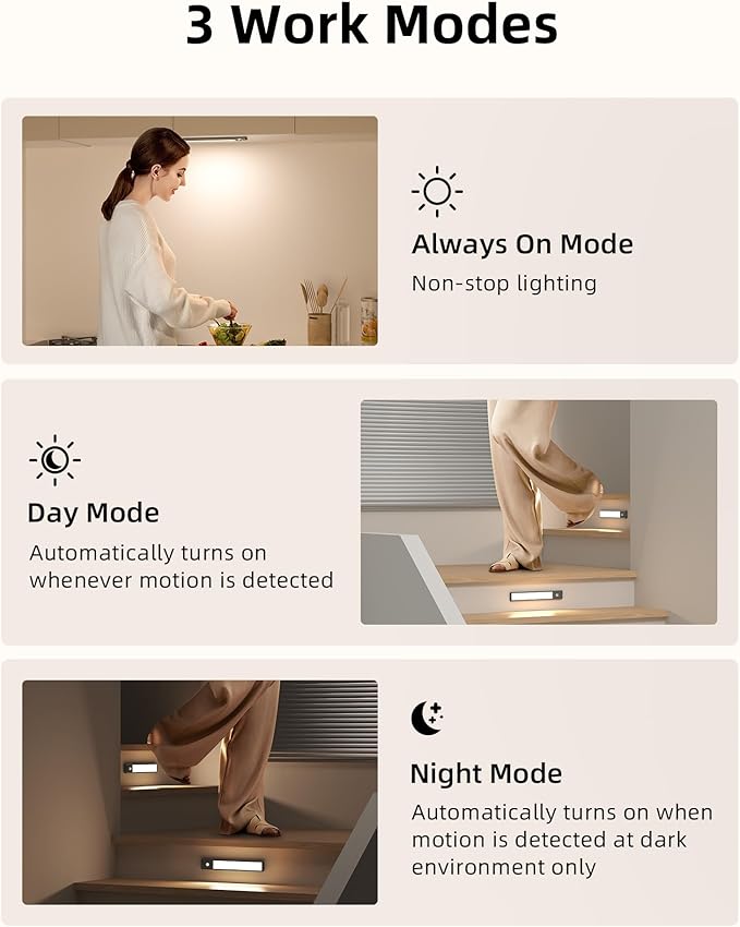 EZVALO Under Cabinet Lights, 1900mAh Rechargeable Motion Sensor Lights Indoor 3 Color Temps, 80 LED Closet Lights Wireless, Dimmable Under Counter Lights for Kitchen, Stairs, Hallway (2 Pack)