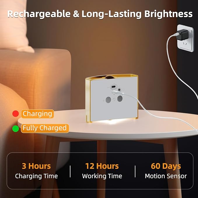 2 Pack Motion Sensor Wall Light, Rechargeable Wall Sconce with 3 Color Temperatures and Brightness Adjustable, Wireless Magnetic Mount for Bedroom, Stair, Hallway, Closet (2, Gold)