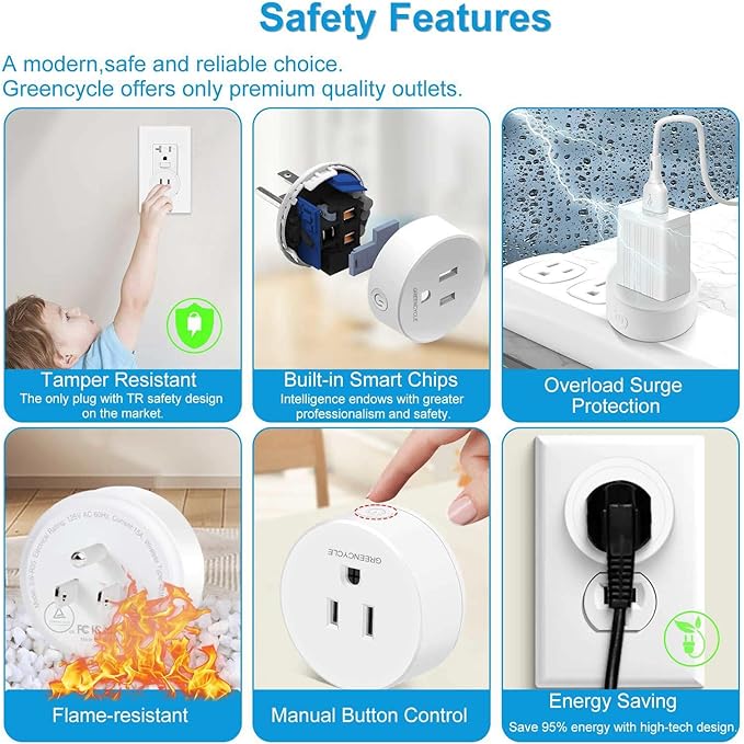 Greencycle Smart Wireless Remote Control Outlet Plug,WiFi Outlets for Household,On Off Smart Outlets Switch Compatible with Tuya,Alexa and Google Assistant,Timer Outlet,No Wiring,White,1SW+4Outlets