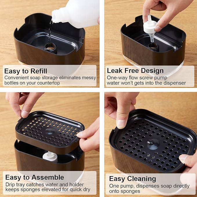10oz Dish Soap Dispenser for Kitchen Sink with Sponge Holder Push Down Pump Soap Dispenser Kitchen Premium Quality Sink Dish Washing- Black