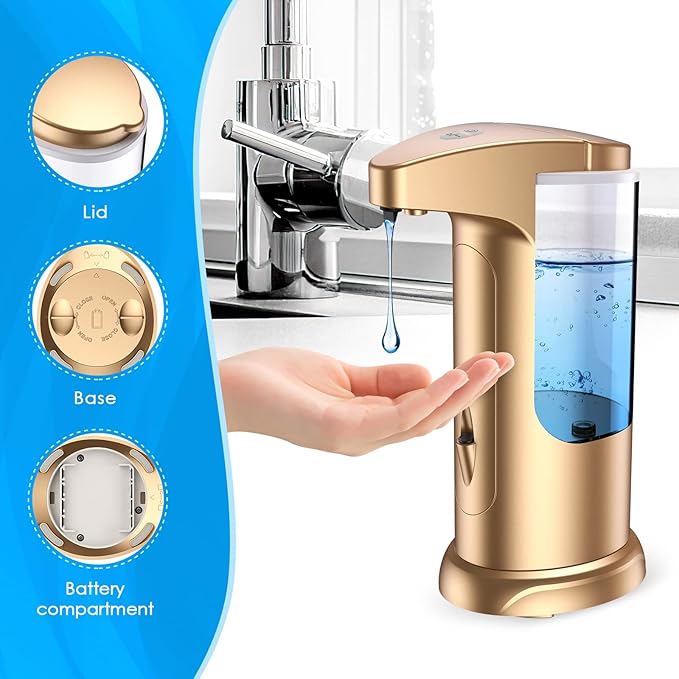 AMIR 12.5oz Touchless Automatic Soap Dispenser, Battery Operated Automatic Liquid Hand Soap Dispenser, Adjustable Volume, Water-Resistant for Kitchen and Bathroom