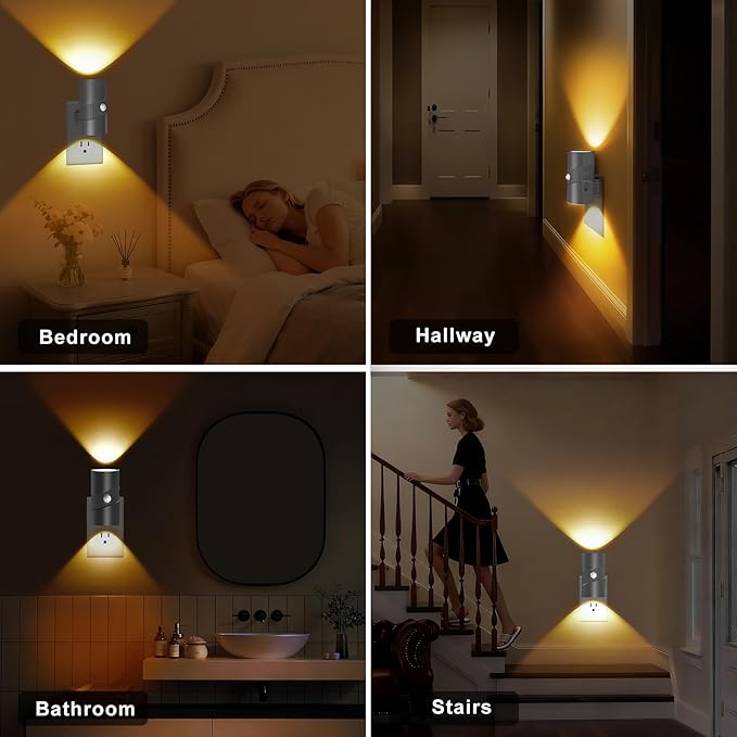 easuntec Motion Sensor Night Light, Night Lights Plug into Wall, Motion Sensor & Dusk to Dawn Sensor, 3 Light Modes, Dimmable Night Light for Bedroom Bathroom Hallway Stair (Black, 2 Pack)