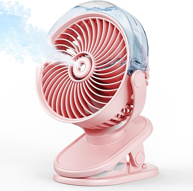 SWEETFULL Portable Misting Clip On Fan, USB-C Rechargeable Mini Personal Cooling Fan with 4 Speeds, 360° Rotatable, Quiet Cooling for Outdoor, Camping, Golf Cart, Travel, Stroller & Desk (Pink)