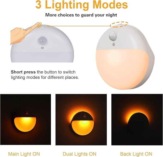 YUNLEX 2 Pack Amber Night Light, Battery Operated Night Light, 2.6" Small Sticky Lights, Dimming, 3 Light Modes, Motion Sensor Lights for Kids, Baby, Sleep, Bedroom, Bathroom, Toilet, Travel, Stairs