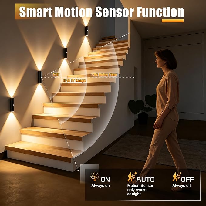 2 Pack Motion Sensor Wall Light, Rechargeable Wall Sconces Battery Operated with 3 Colors & Dimmable, Magnetic Wireless Wall Sconces for Stair Bedroom Hallway Bathroom (Black)