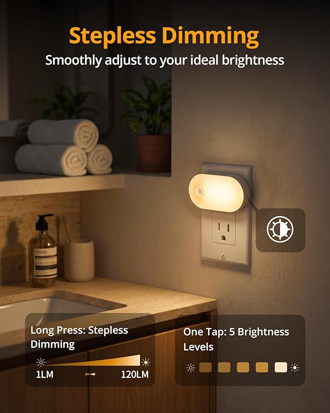 Lyridz Plug-in Night Light with Motion Sensor, 1-120 LM Stepless Adjustable Brightness LED Nightlights for Bathroom, Bedroom, Hallway, Stairs, Garage, Toilet, 4 Pack