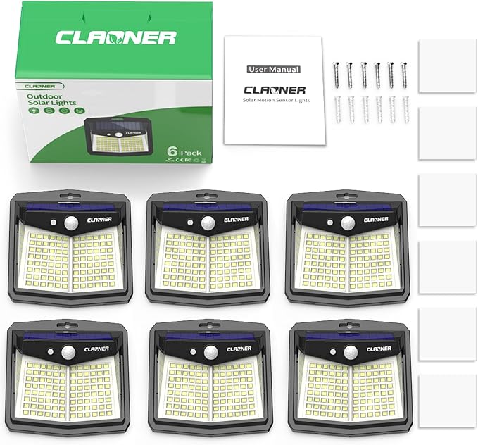 CLAONER Solar Lights Outdoor, [128 LED/6 Packs] Solar Motion Sensor Lights 3 Working Modes Outdoor Lights with 270° Wide Angle Wireless IP65 Waterproof Security Light for Fence Patio, Cold White