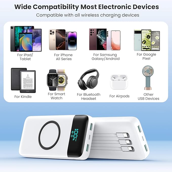 YHO Wireless Portable Charger 40800mAh for iPhone with Built-in Cables, 15W Wireless Charging USB C Power Bank,25W PD Fast Charging Travel Essential Battery Pack for iPhone 17/16/15,Android-White