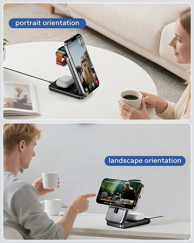 KPON Foldable 3in1 Charging Station for Magsafe, Travel Phone and Watch Charger for Apple, PD20W Wireless Charging Dock for Multiple Devices iPhone 17 16 15 14 13 12 Series/Apple Watch/Airpods