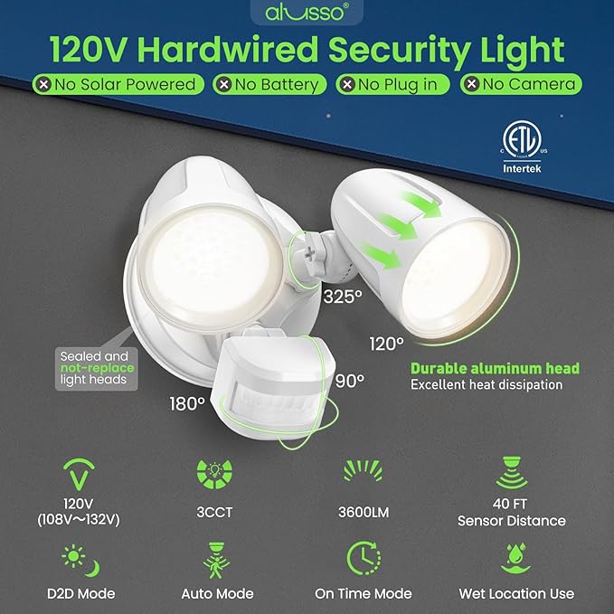 ALUSSO Motion Sensor Outdoor Lights Metal Heads, 30W 3600LM Flood Lights Outdoor 120V, 3 Modes Dusk to Dawn/Auto/On Time, 3000K 4000K 6500K Adjustable, Hardwired Security Light ETL Listed, White 1PC