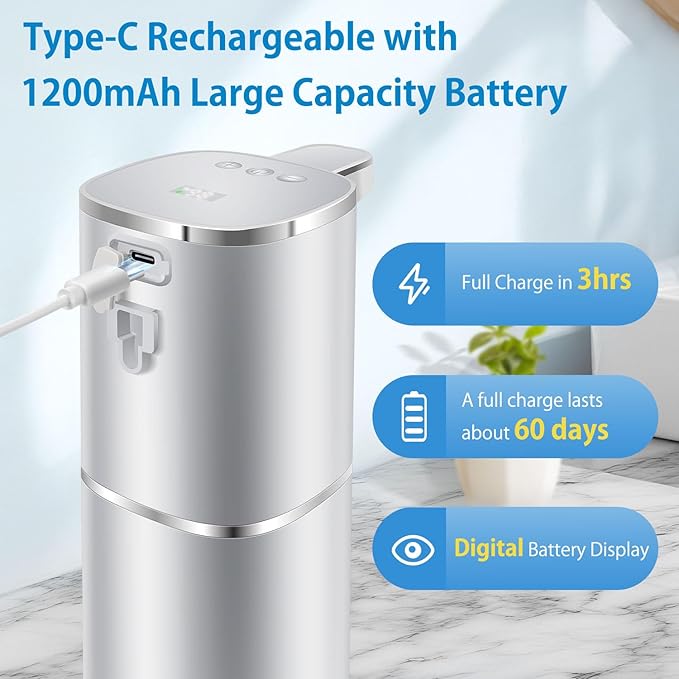 Automatic Foaming Soap Dispenser Touchless, Digital Display 9-Level Adjustable Smart Hand & Dish Soap Dispenser, USB Rechargeable, 13.5oz/400mL Wall Mounted for Bathroom Kitchen, Hotel, Restaurant