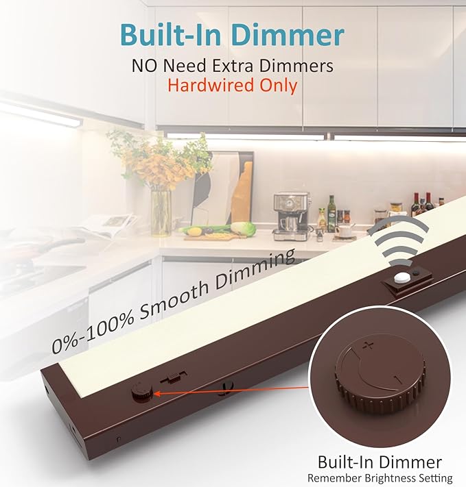 Leetdud LED Under Cabinet Lighting Motion Sensored Hardwired with Built-in Dimmer, 24 Inch 12W Dimmable 5 Color 2700/3000/3500/4000/5000K, Linkable Eyes Care for Kitchen, Counter, ETL Listed, Bronze