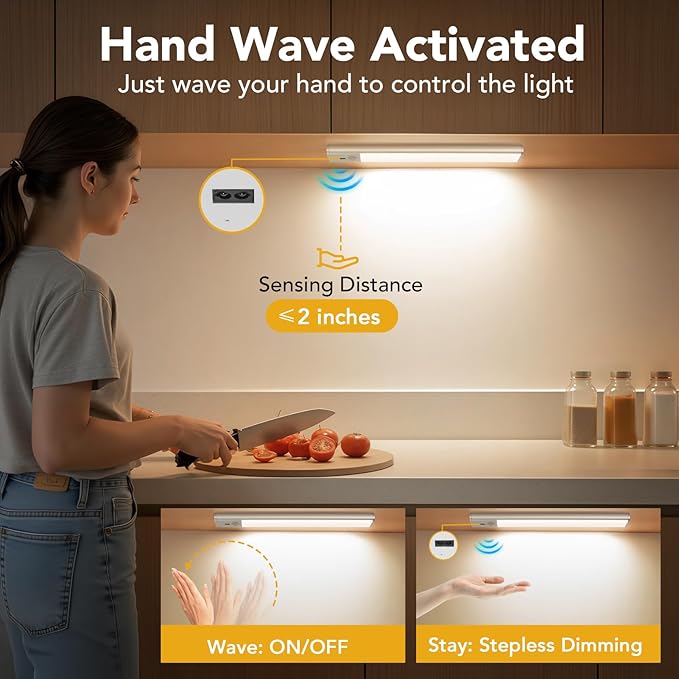 11.8 inch Under Cabinet Lighting with Hand Wave, 78 LED Motion Sensor Light, Rechargeable Closet Lights with 3 Color Temps, Dimming Magnetic Strip Night Lights for Kitchen, Wardrobe, Stairs (2 Pack)
