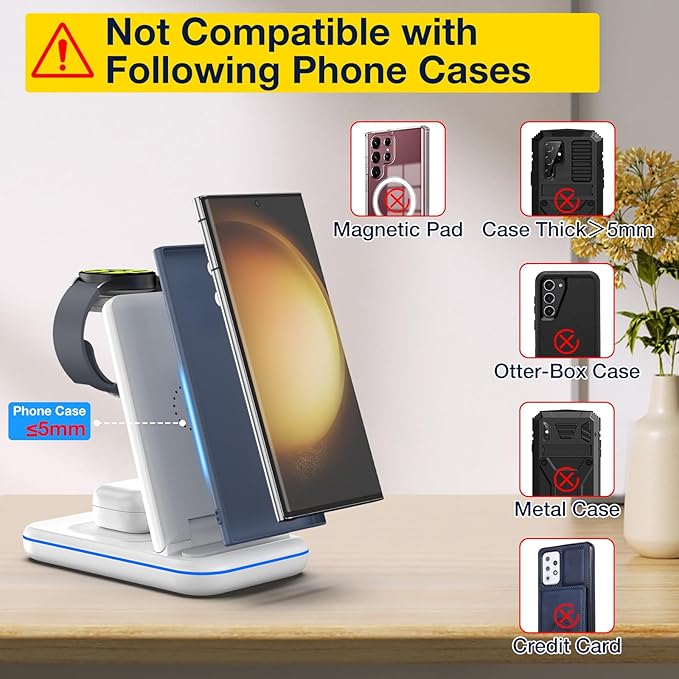 Wireless Charger for Samsung/Android, HOLYJOY Foldable 3 in 1 Fast Charging Station/Stand/Multi Charger for Samsung S25 Ultra/S24/Note 20,Travel Pad for Galaxy Watch 8/7/6/5/4/Active 2,For Buds(Ivory)