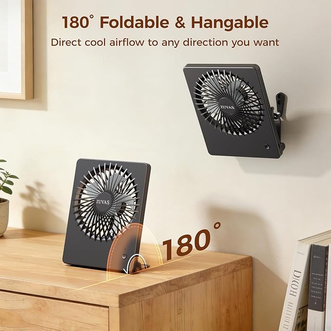 Zuvas Desk Fan Battery Operated Fan Rechargeable 180°Tilt Folding Personal Fan Ultra Quiet Small Portable 3 Speed Adjustable Strong Wind Fan For Office Bedroom Home Desktop Camping (Black)