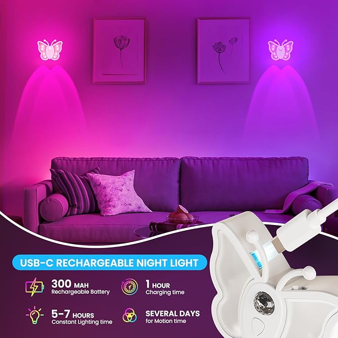 LOFTEK Rechargeable Motion Sensor Light, 2 Color Modes, Dimmable RGB Ambient Lighting, Cute Butterfly Design for Kid's Bedroom, Bathroom, Hallway, Tent & Stairs - Ideal Home Decor & Gift, 6 Pack
