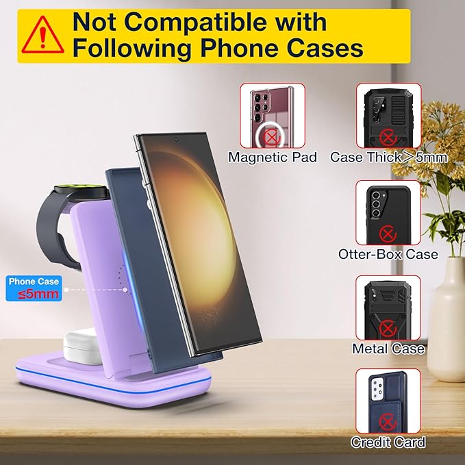 Multi Charger for Samsung, Foldable Charger ONLY for Galaxy Watch Ultra/7/6/5/4/3/Active 2, Travel 3 in 1 Fast Charging Station/Dock for Samsung S24/S23/S22/S21/S20/Note 20, for Buds 3/2 Pro(Violet)