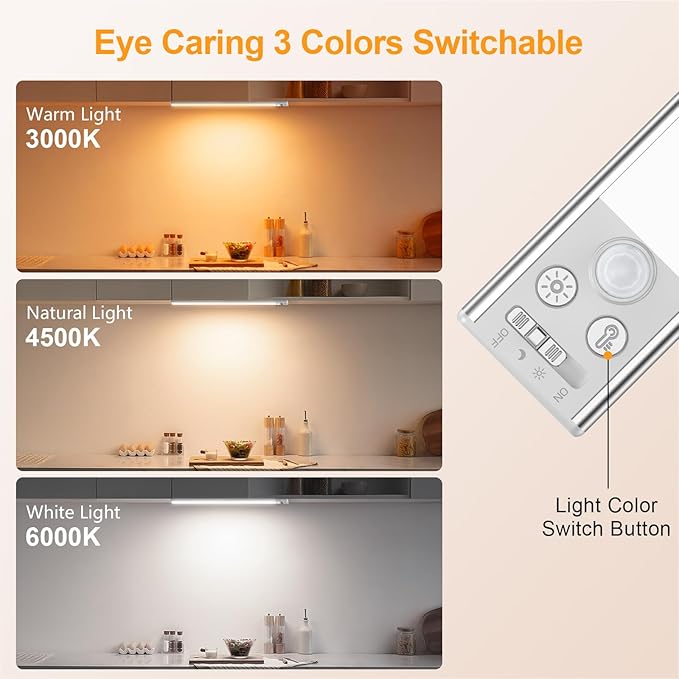 Gritin 14.7inch Under Cabinet Lighting Rechargeable 2 Pack- 3 Color Temps&5 Level Brightness, Super Bright, 4 Modes, Motion Sensor, Long Lasting - Easy Installation Magnetic Under Closet Lights-Silver