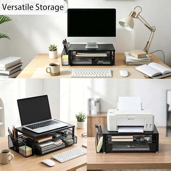 Spacrea Desk Organizer and Accessories, Computer Monitor Stand Riser with Drawer and 1 Open Pen Holder, Printer & Laptop Stand, Office Desk Accessories for Home Office Supplies (Black)