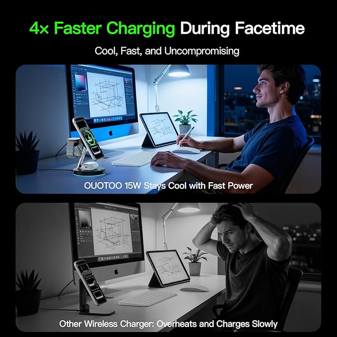 Ouotoo 3 in 1 Charging Station for Apple Compatible，Charging Speed Increased by 28%, Magsafe Charger Stand，for iPhone 17-12 Wireless Charging Station,for AirPods Wireless Charger for iWatch Series