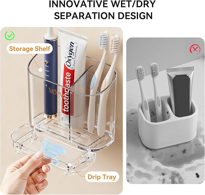 Toothbrush Holders with Drainage for Bathroom Countertop Organizer, 2 Slots Electric Toothbrush Holder Wall-Mount with Divider for Easy Clean, Tooth Brush and Toothpaste Holder for Bathroom Kitchen