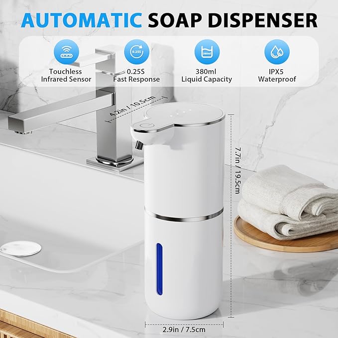 Fantictas Automatic Soap Dispenser,Touchless Automatic Foam Soap Dispenser 380ML, USB Charging 4 Adjustable Levels Wall Mount for Kitchen ＆ Bathroom, Shower Soap Dispenser, White