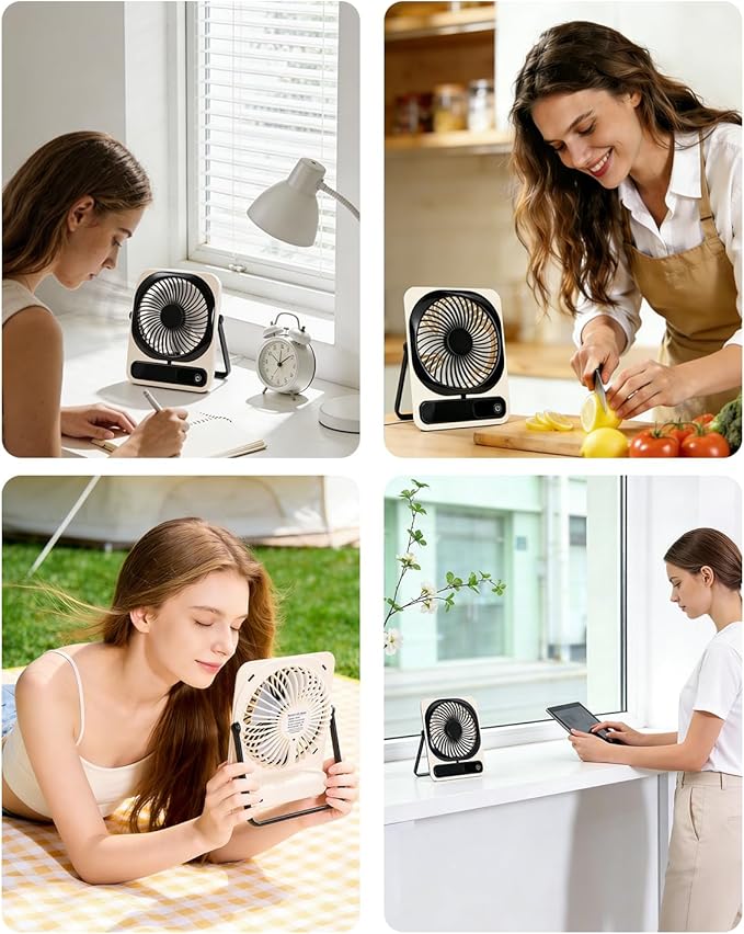 Portable Folding Desk Fan, 5-Speed Quiet Personal Fan w/180° Adjustable Stand & Strong Airflow, 2000mAh Rechargeable Battery Operated Small Fan for Home Office Travel, Tabletop or Hanging Use