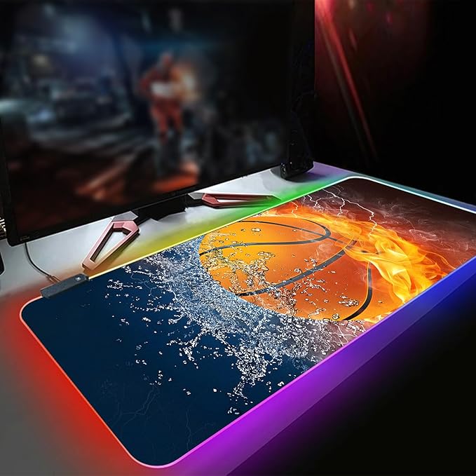 XL RGB Gaming Mouse Pad with 14 Light Modes - Light Up Gamer Mouse Pad,31.5 x 11.8in Non-Slip Basketball Style Led Large Gamer Mousepad, Black Long Glowing Gaming Accessories for Desk, Waterproof