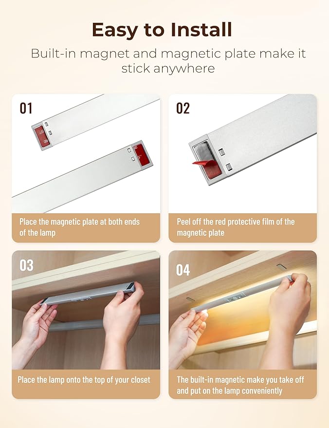 Joyzy Automatic Motion Sensor Closet Lighting with Eye-Protection Design, LED Closet Lights for Stair Step Wireless Light, Rechargeable Wardrobe Pantry Lights (2pack with Warm Lighting)